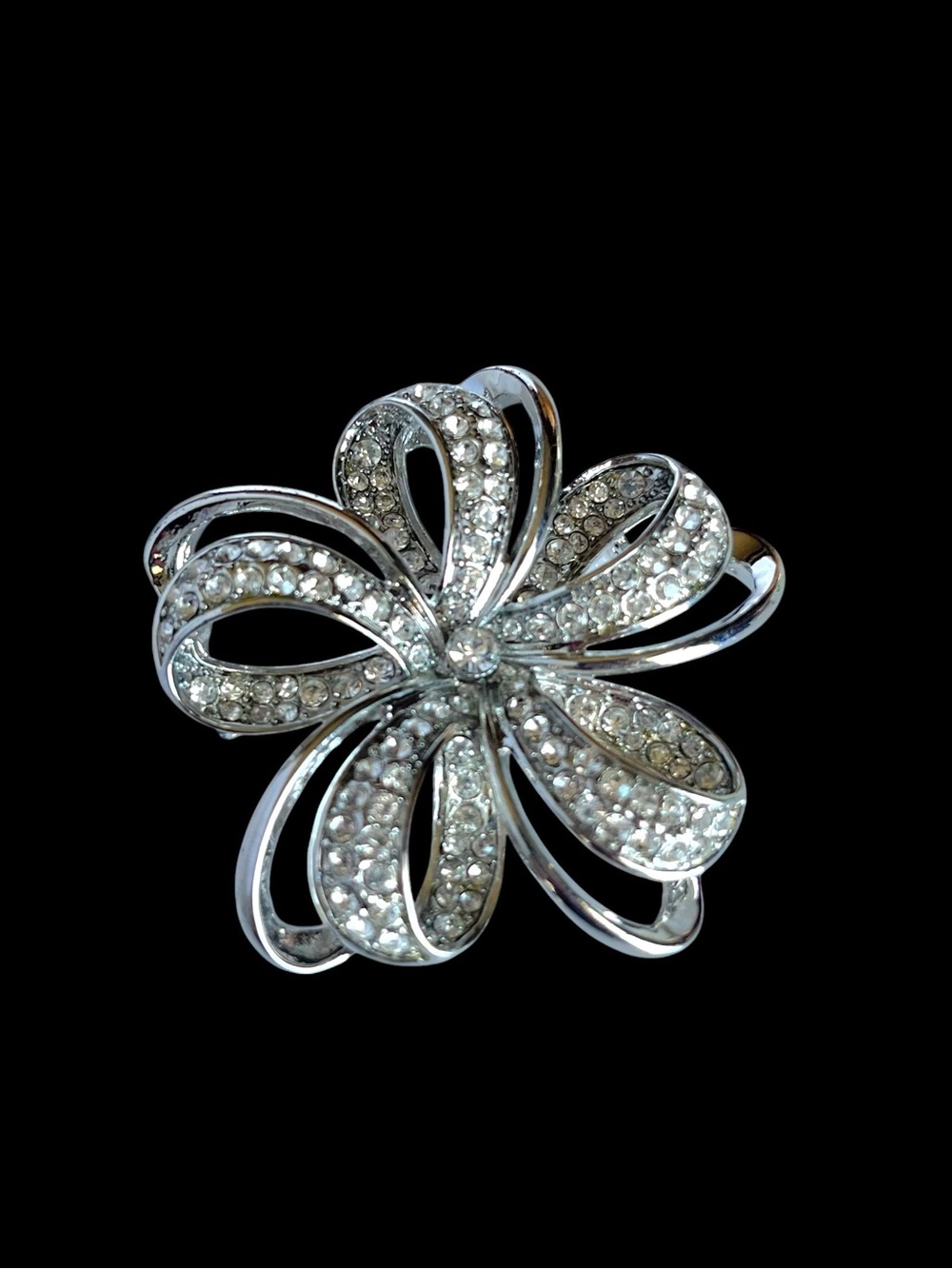 Monet Silver Ribbon Flower Rhinestone Statement Brooch - Picture 2 of 4